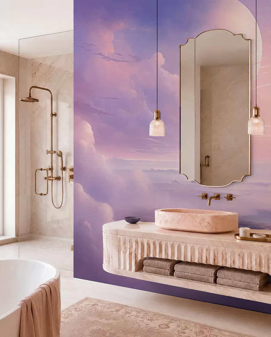 Papier peint Ciel magique violet-rose avec la lune et les nuages w08986