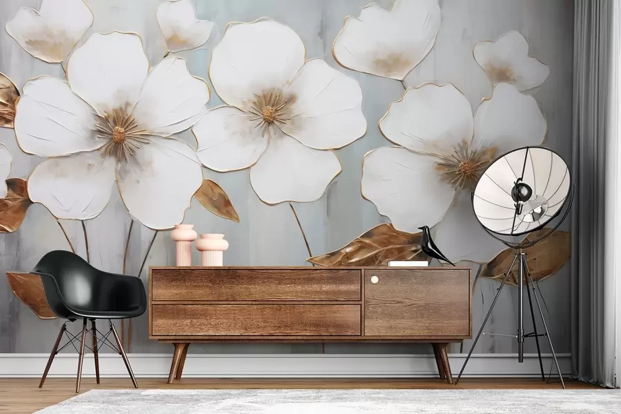 Papier peint Grandes fleurs blanches avec feuilles jaunes sur fond gris w08999