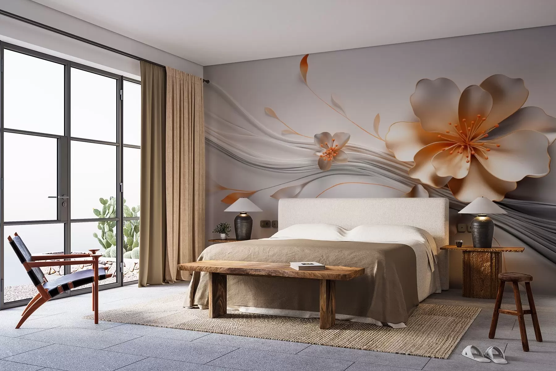 Papier peint Une fleur orange sur un fond gris abstrait w09004