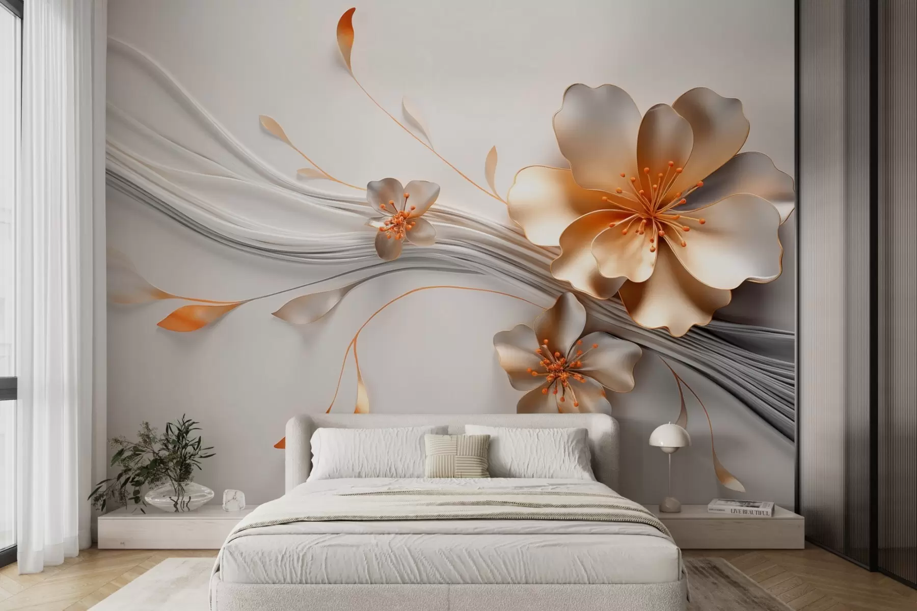 Papier peint Une fleur orange sur un fond gris abstrait w09004