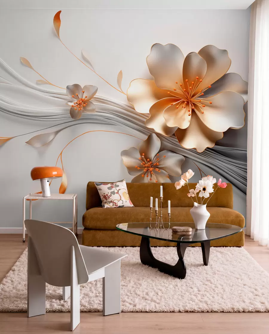 Papier peint Une fleur orange sur un fond gris abstrait w09004