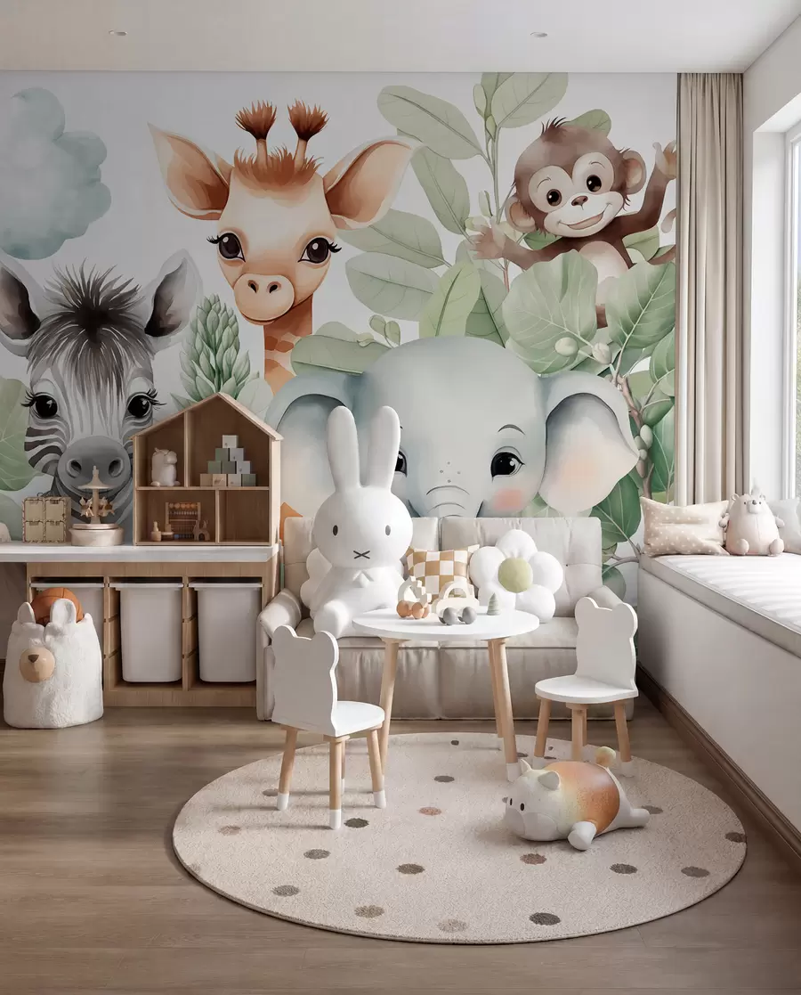 Papier peint Girafe, zèbre, éléphant et singe dans le feuillage w03677