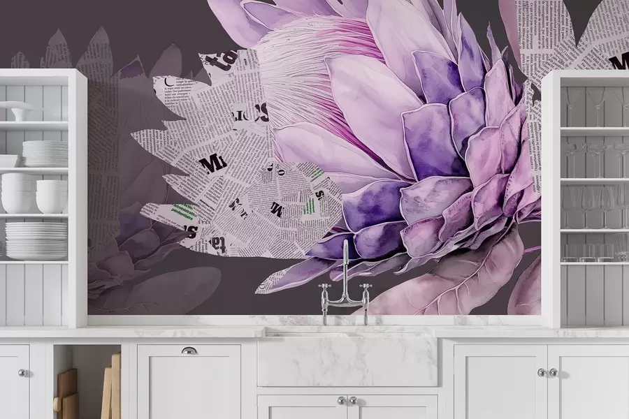 Papier peint Protea flowers, newspaper art, floral, tropical, dark background, purple colors w03667v2
