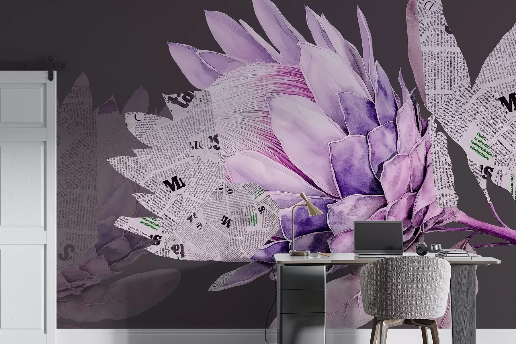 Papier peint Protea flowers, newspaper art, floral, tropical, dark background, purple colors w03667v2