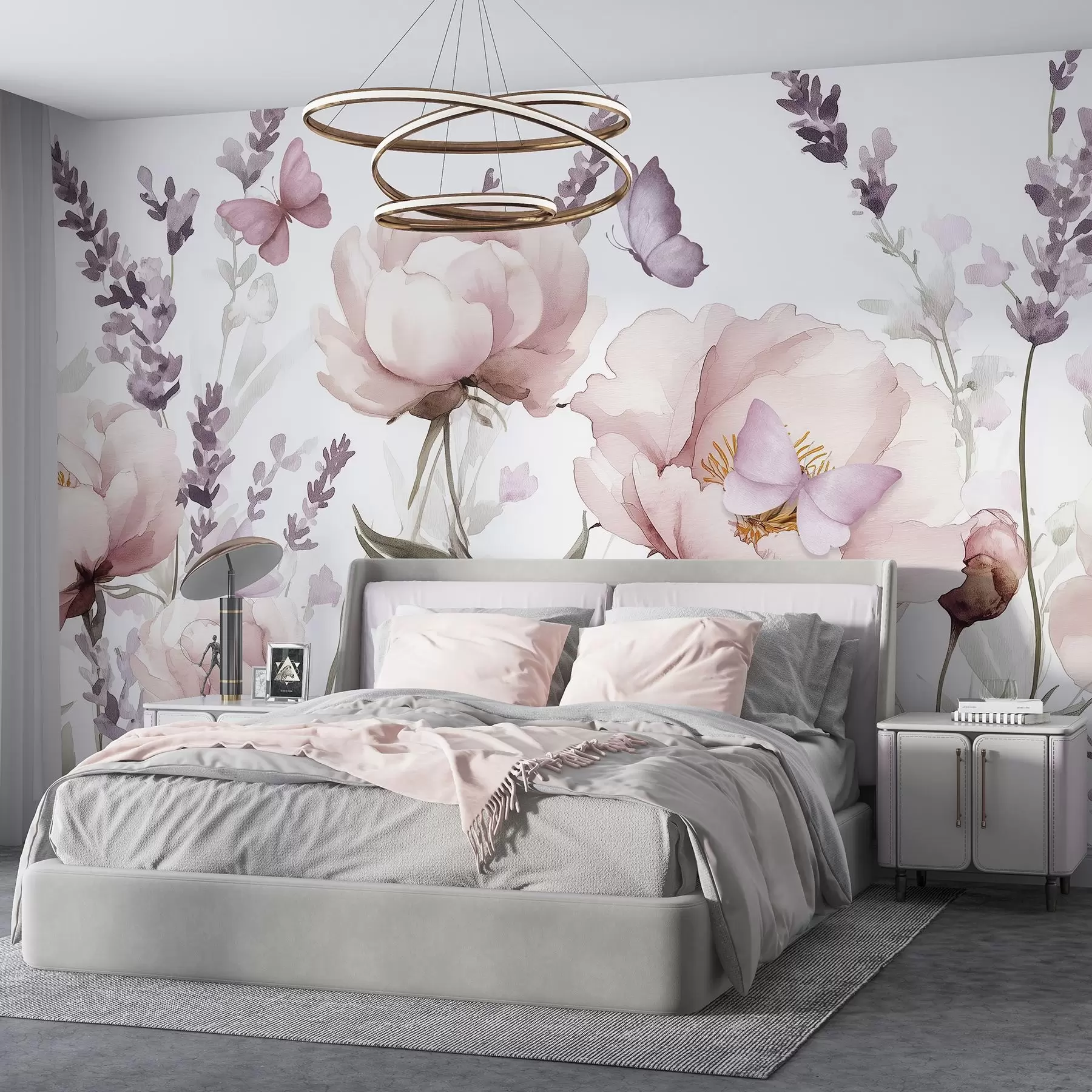 Papier peint Prairie fleurie, pivoines, lavande, papillons, style aquarelle, couleurs roses w03668