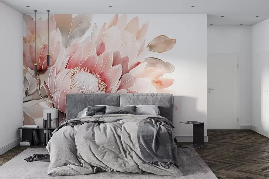 Papier peint Fleurs de protea, dessin au trait, tropical, couleurs naturelles w03669