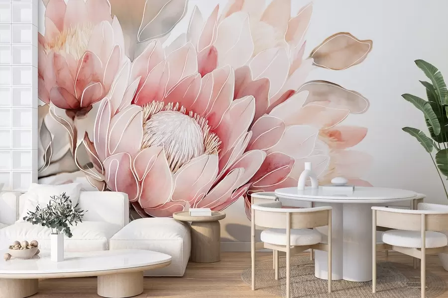 Papier peint Fleurs de protea, dessin au trait, tropical, couleurs naturelles w03669