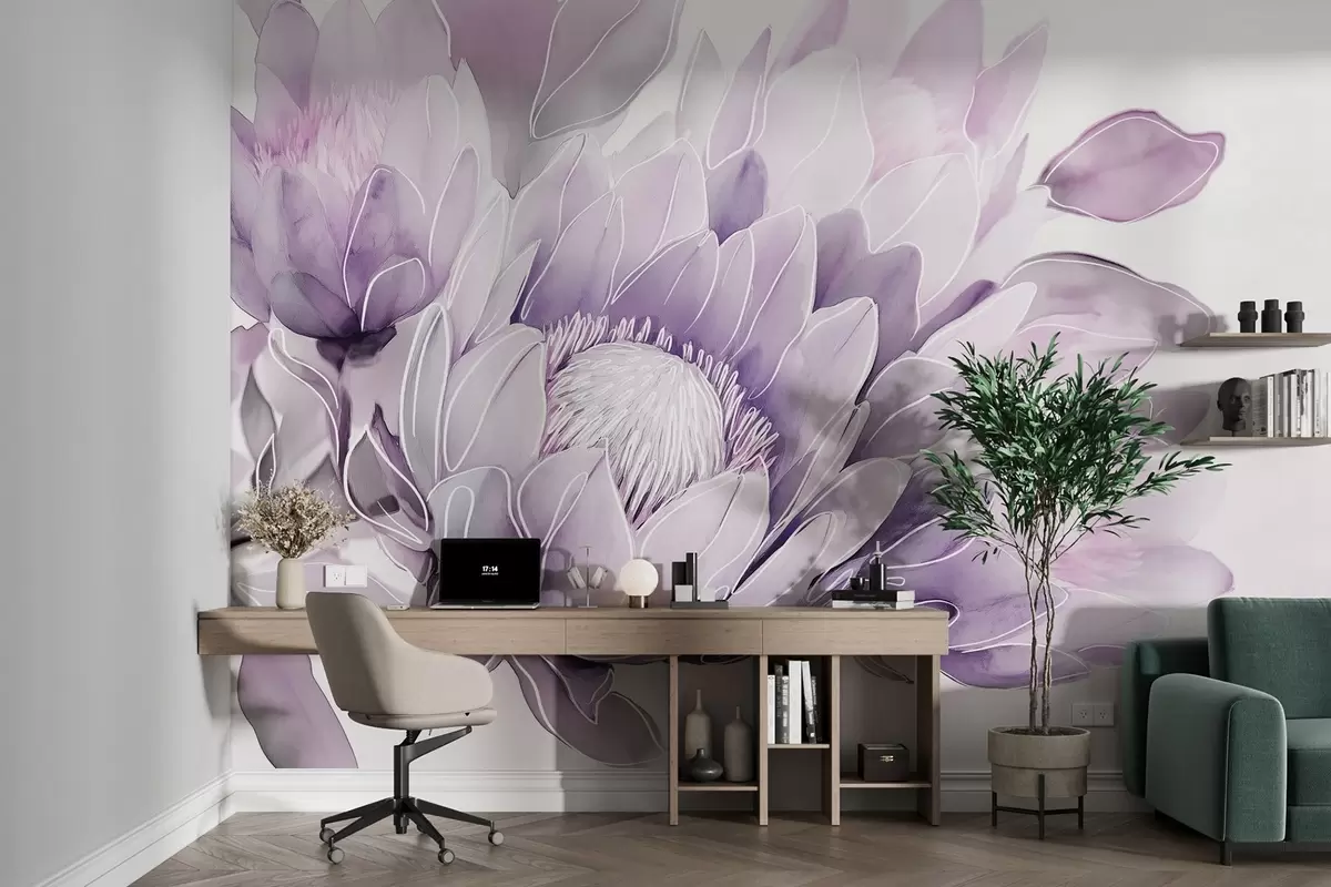 Papier peint Fleurs de protea, dessin au trait, tropical, couleurs violettes w03669v1 buy France - Uwalls.fr Papier peint Fleurs de protea, dessin au trait, tropical, couleurs violettes w03669v1