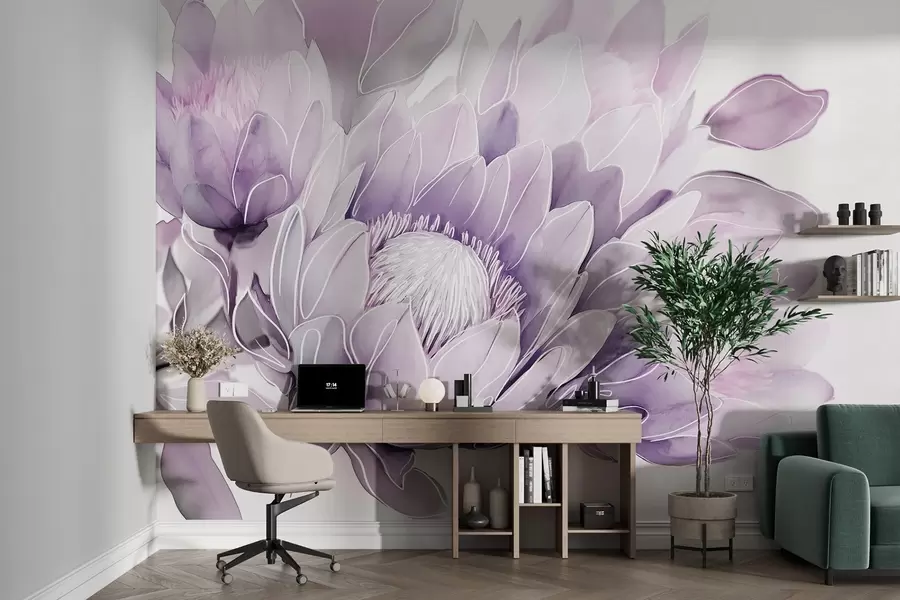 Papier peint Fleurs de protea, dessin au trait, tropical, couleurs violettes w03669v1 buy France - Uwalls.fr Papier peint Fleurs de protea, dessin au trait, tropical, couleurs violettes w03669v1