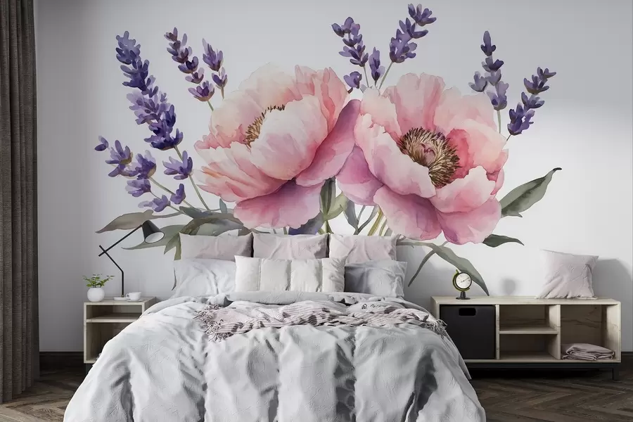 Papier peint Aquarelle, pivoines, lavande, fleurs, couleurs naturelles w03671