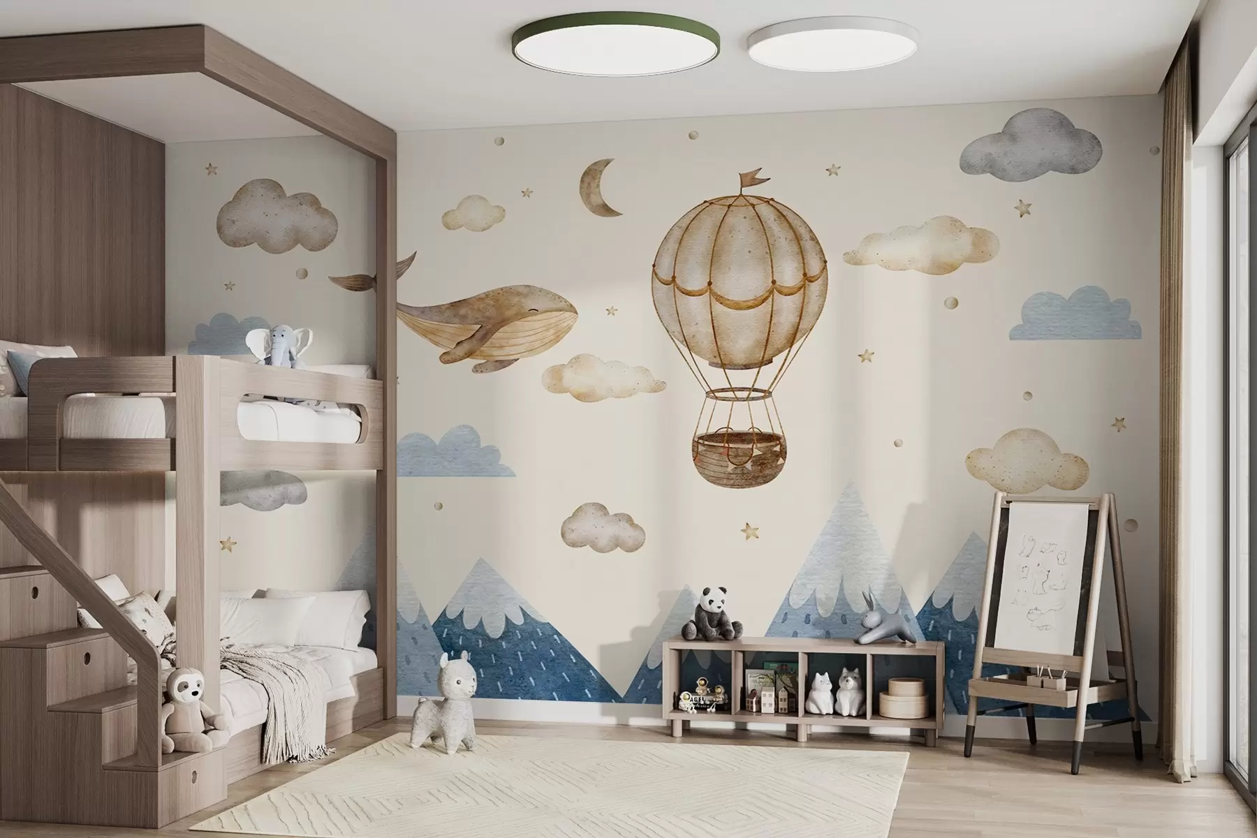 Papier peint Montgolfière, baleine mignonne, ciel étoilé, montagnes, aquarelle, couleurs bleu et beige w03672