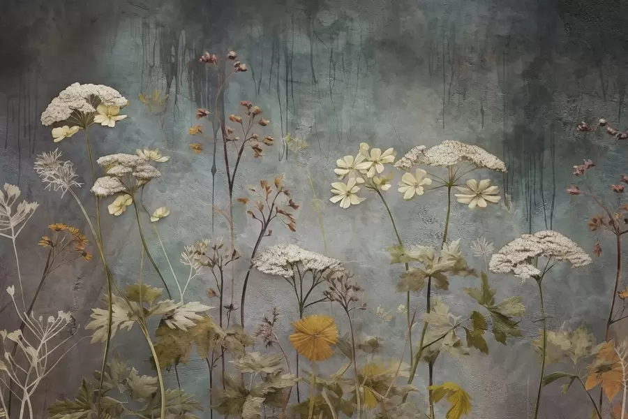 Papier peint Fleurs sauvages et herbes sur fond de mur grunge w03697