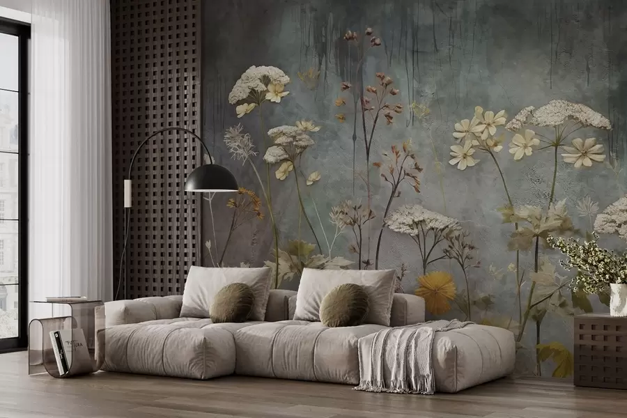 Papier peint Fleurs sauvages et herbes sur fond de mur grunge w03697