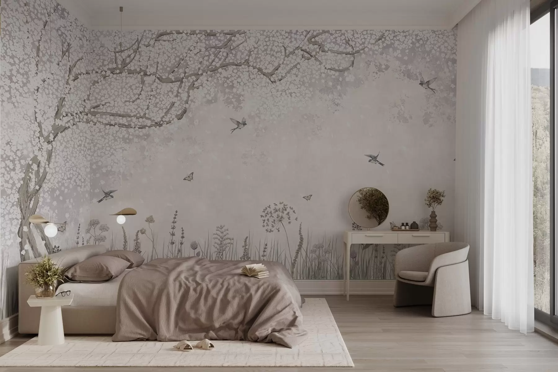 Papier peint Arbre en fleurs avec fleurs sauvages et oiseaux w03700