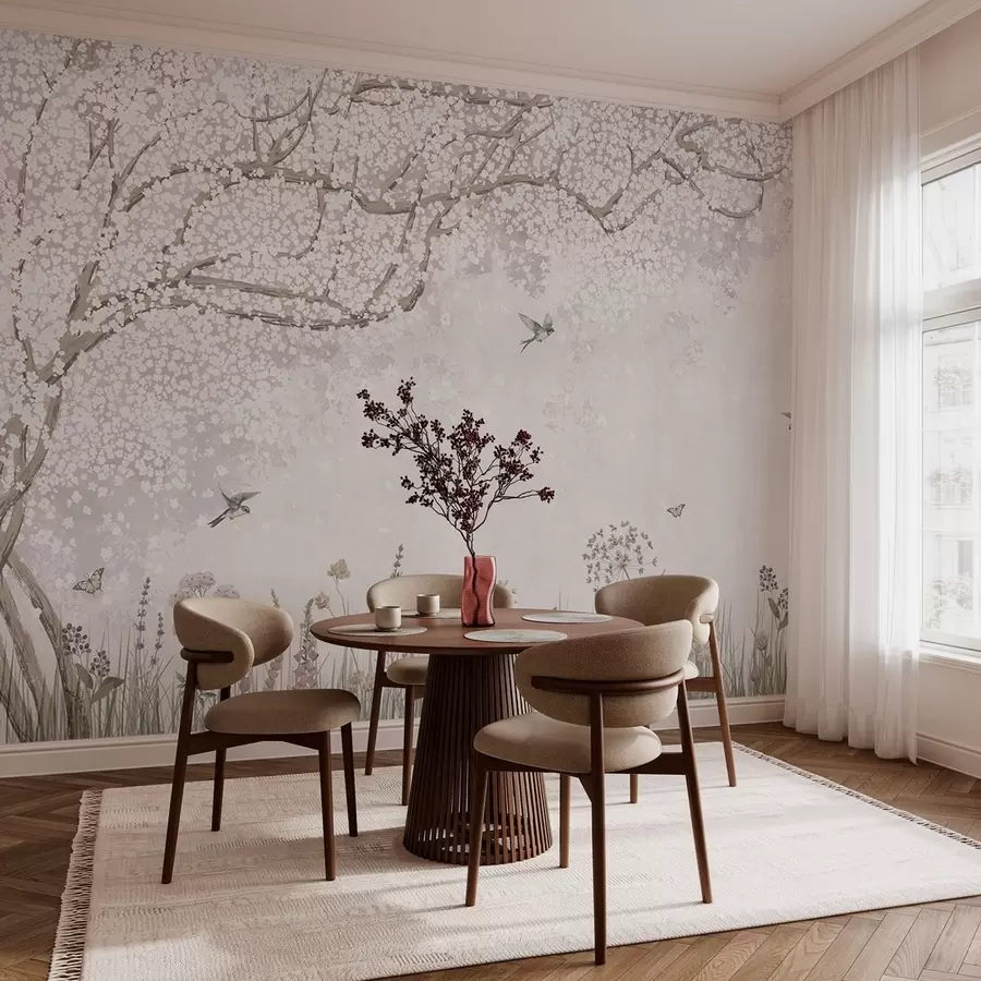 Papier peint Arbre en fleurs avec fleurs sauvages et oiseaux w03700