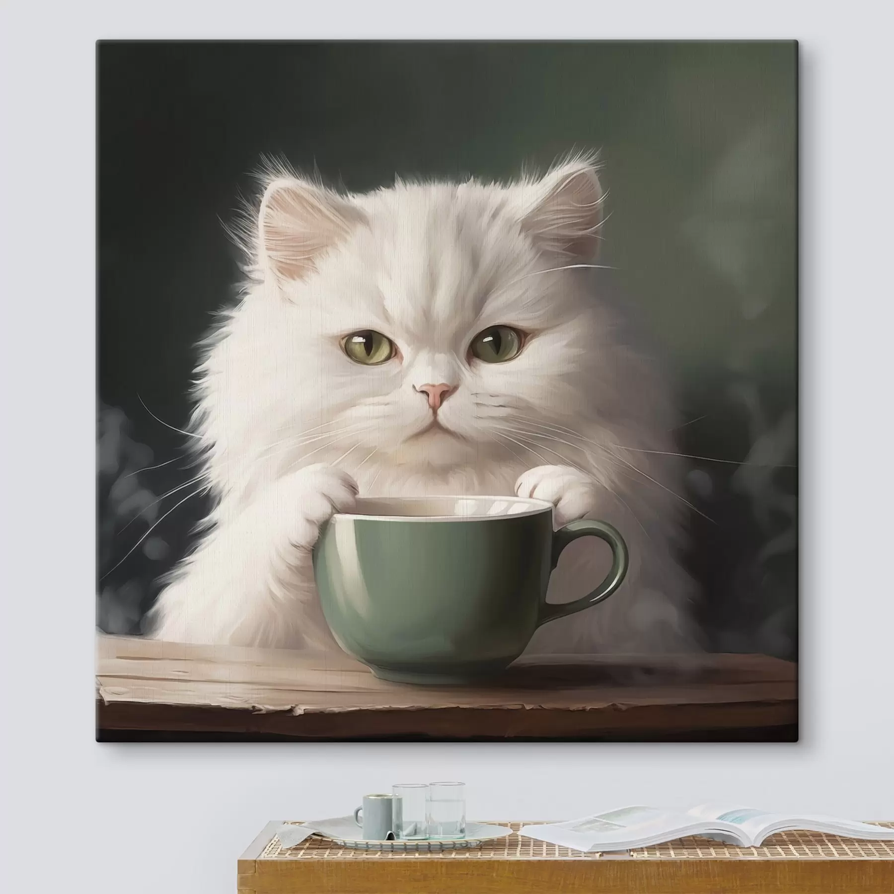 Tableau Chat blanc avec une tasse verte s44032