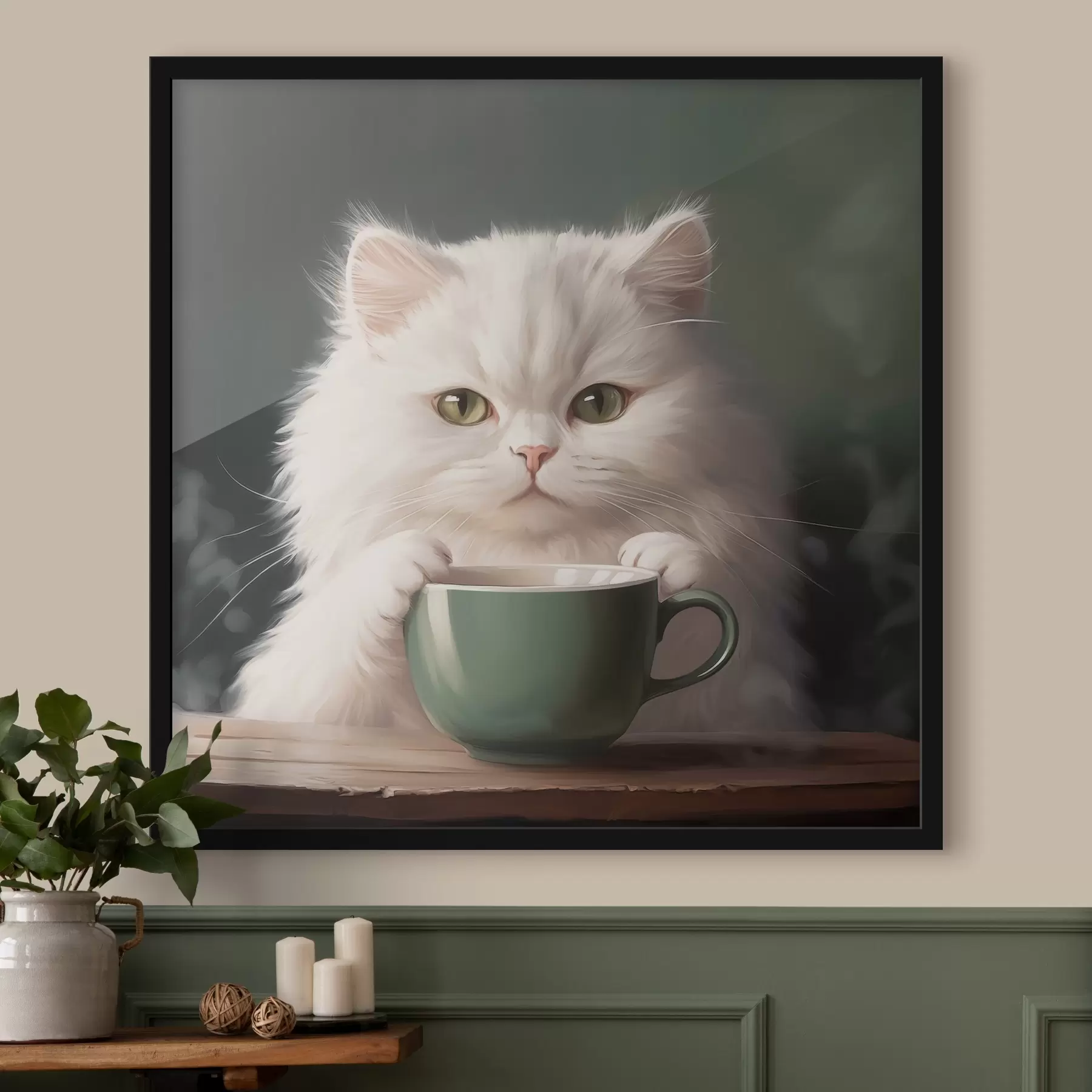 Papier peint Chat blanc avec une tasse verte f44032