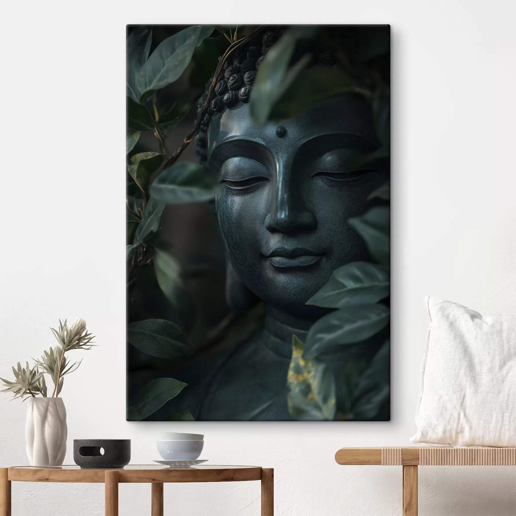 Papier peint Bouddha vert dans des feuilles tropicales, réalisme s44005