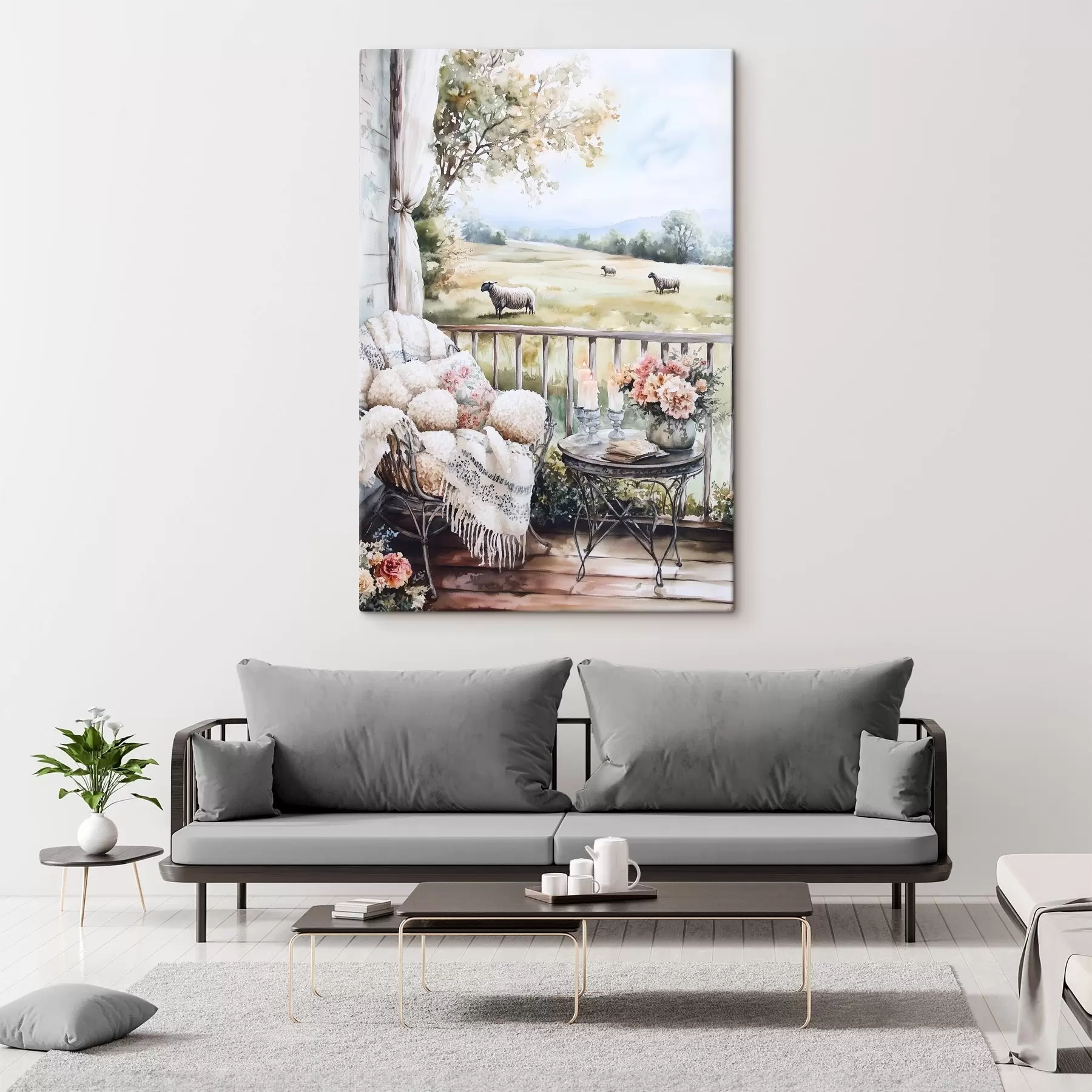 Tableau Ferme de campagne avec moutons, champs, fleurs rustiques, style aquarelle s44014