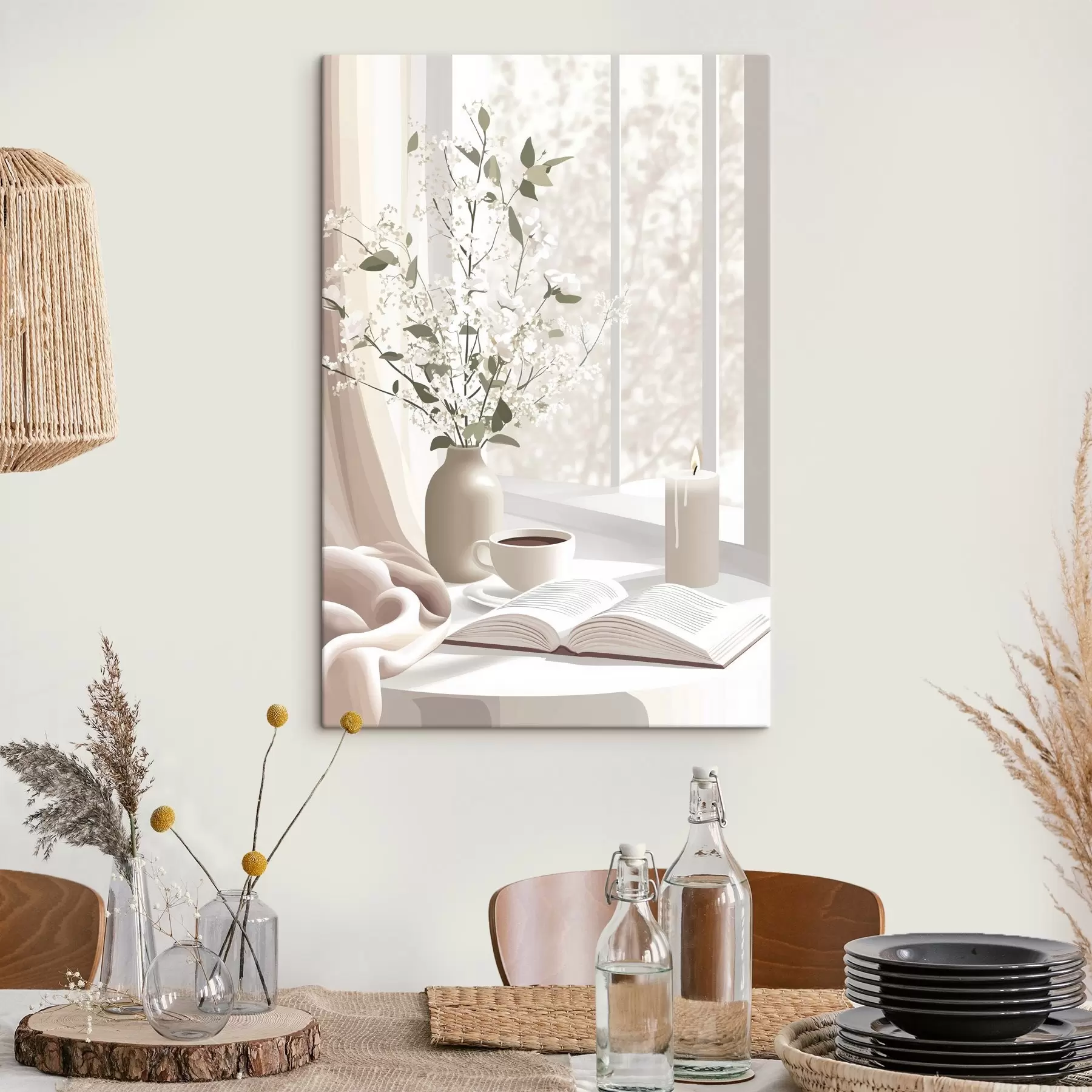 Tableau Matinée de printemps avec café et fleurs, couleurs douces et pastel s44015