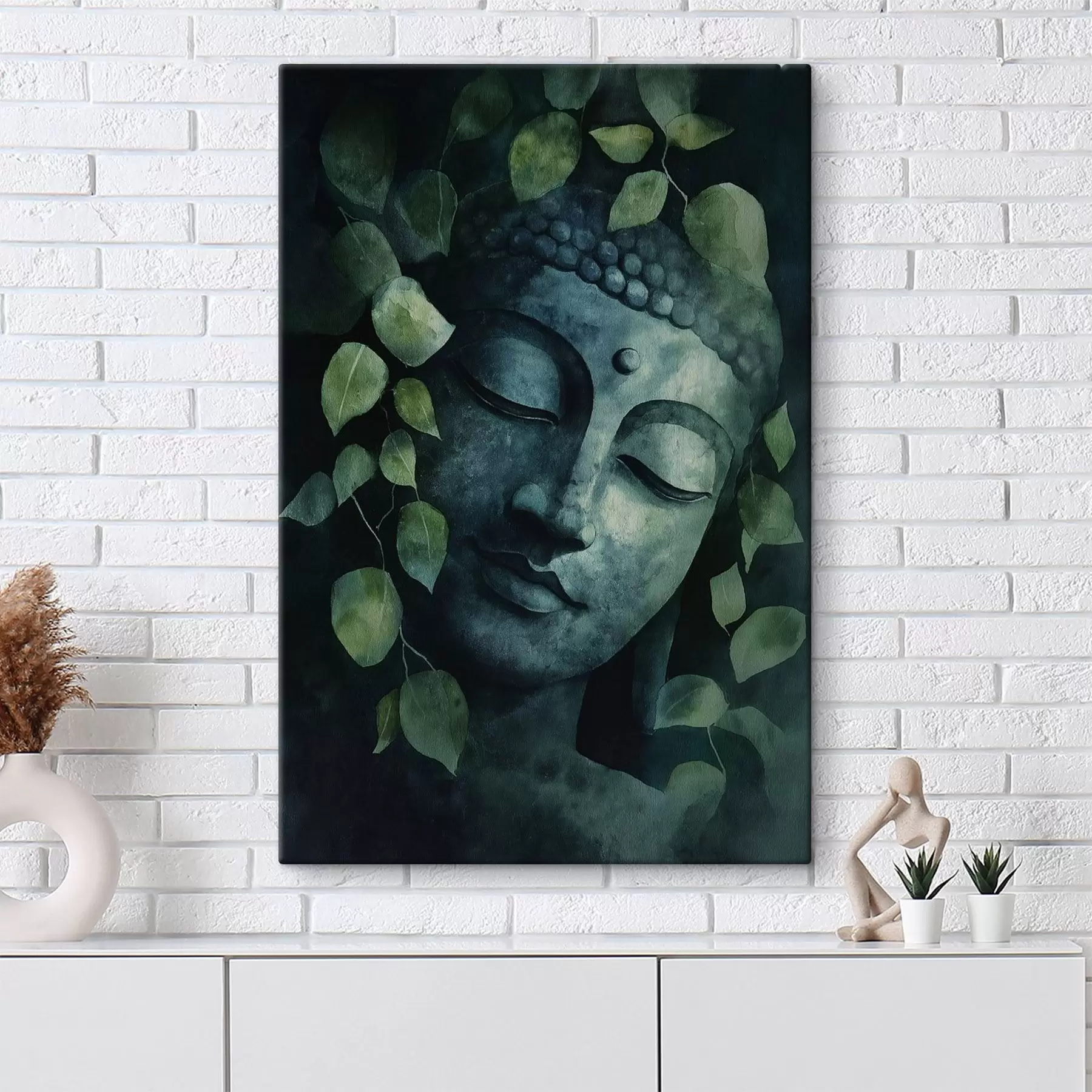 Tableau Bouddha aux yeux fermés, méditation, couleurs vertes s44030