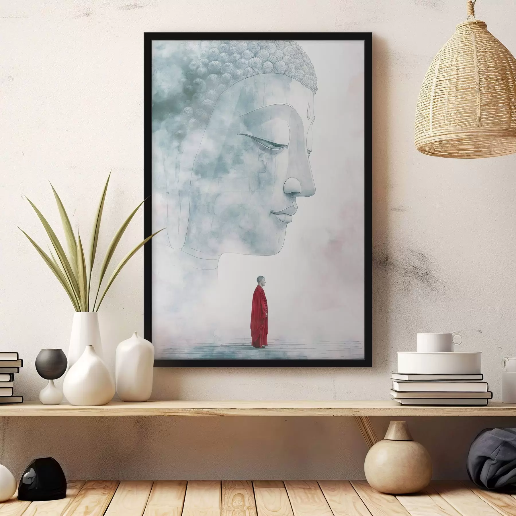 Tableau Moine bouddhiste en robe rouge, silhouette de Bouddha, style aquarelle f44006