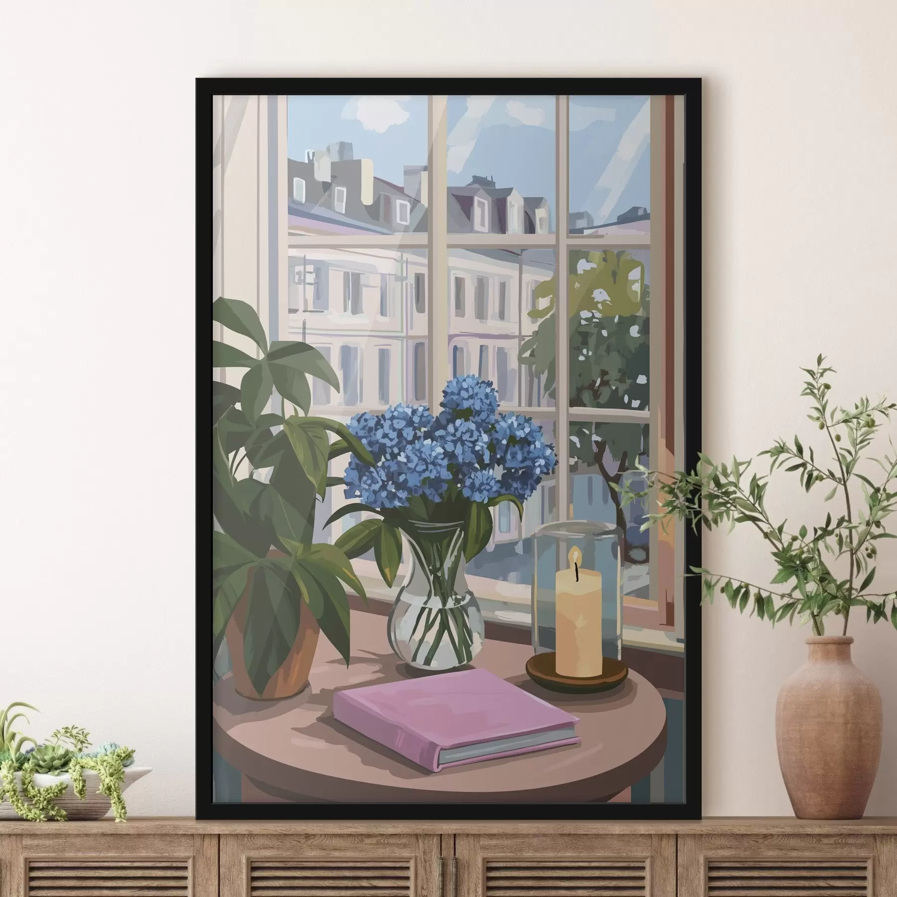 Tableau Hortensias dans le vase, vue de la fenêtre, bougie, maison confortable f44009