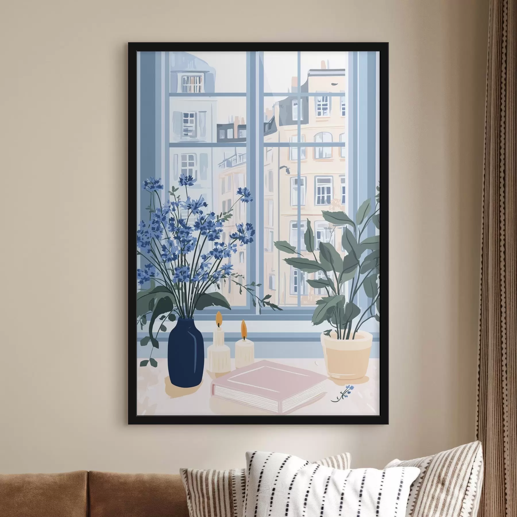 Tableau Maison confortable avec fleurs et vue sur la fenêtre, architecture, couleurs bleues f44010