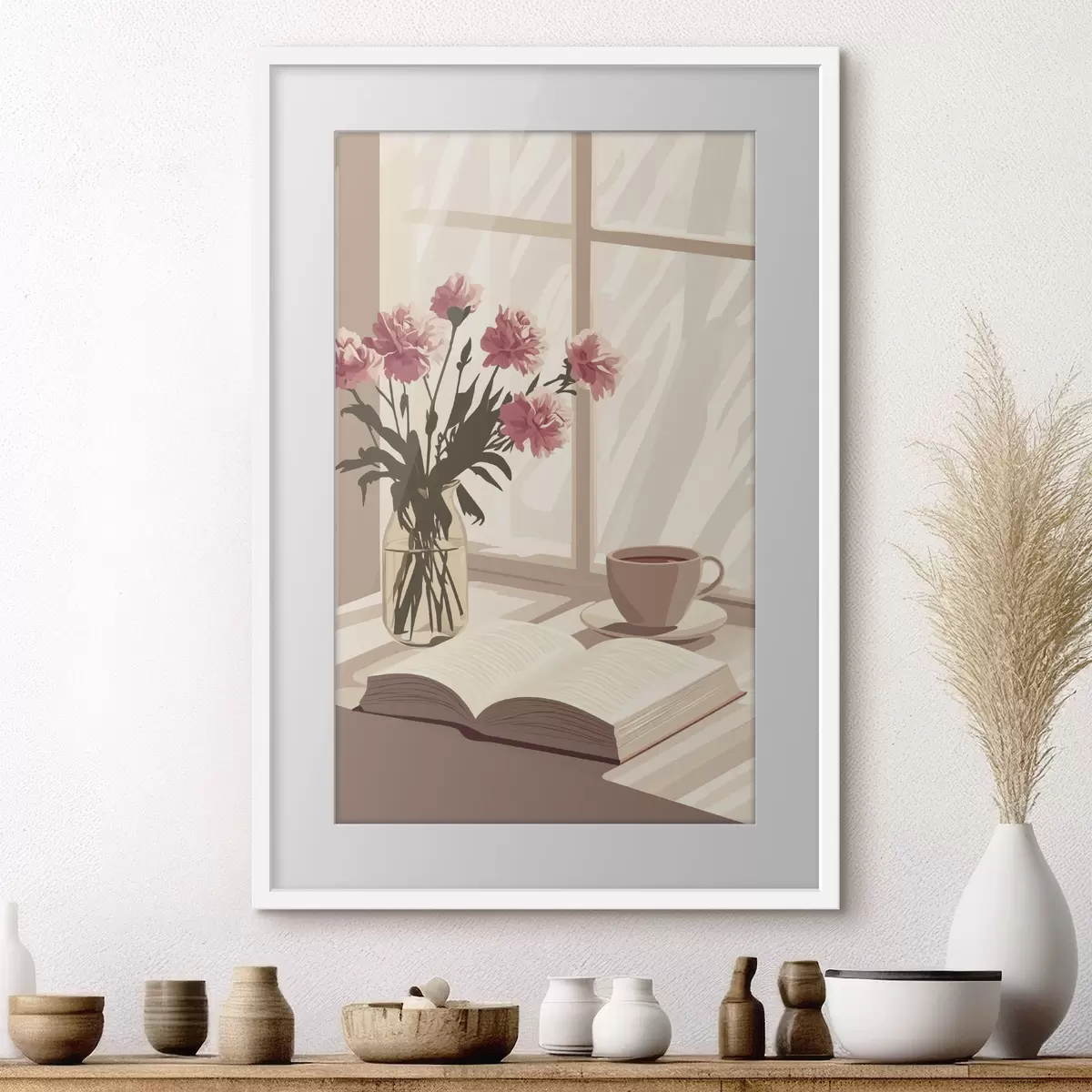 Poster Esthétique matinale, tasse de café, livre, fleurs d'œillet f44012