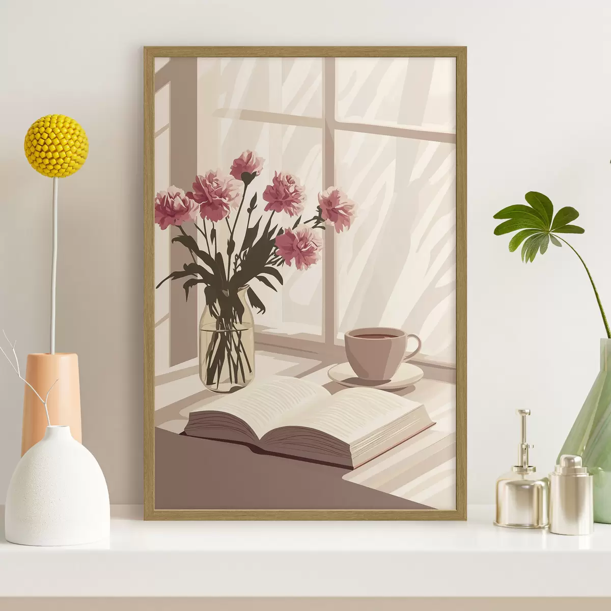 Poster Esthétique matinale, tasse de café, livre, fleurs d'œillet f44012