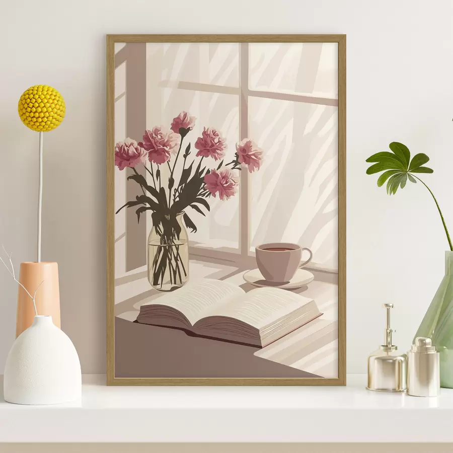 Papier peint Esthétique matinale, tasse de café, livre, fleurs d'œillet f44012