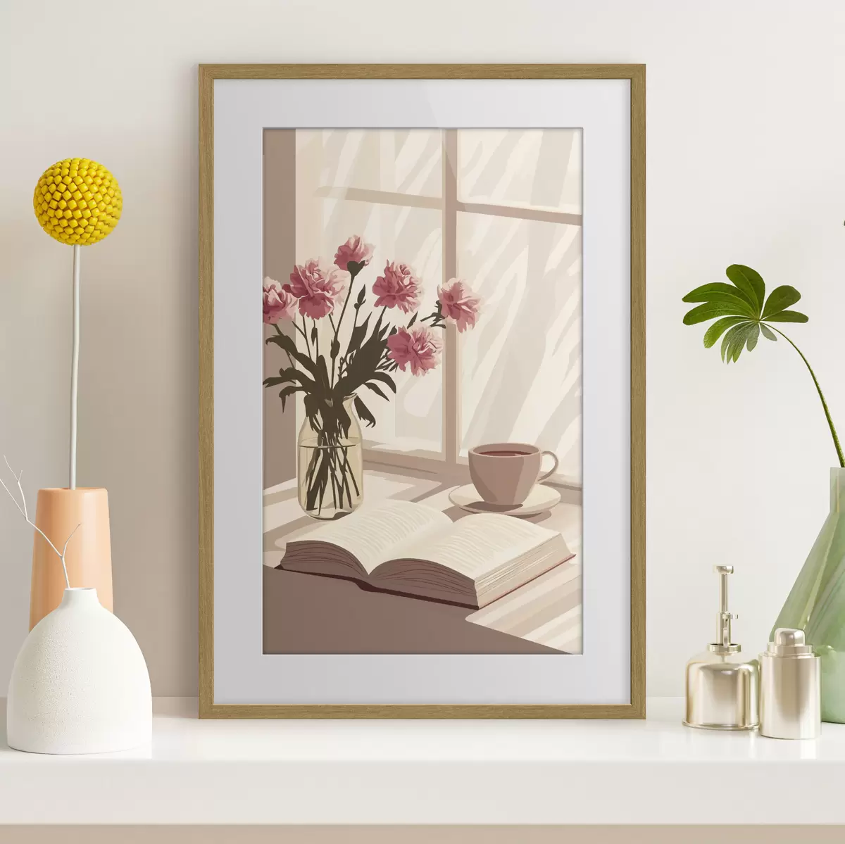 Poster Esthétique matinale, tasse de café, livre, fleurs d'œillet f44012