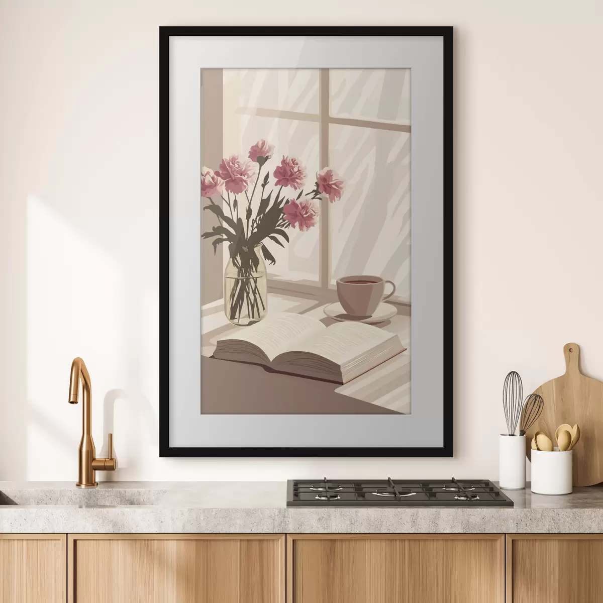 Poster Esthétique matinale, tasse de café, livre, fleurs d'œillet f44012