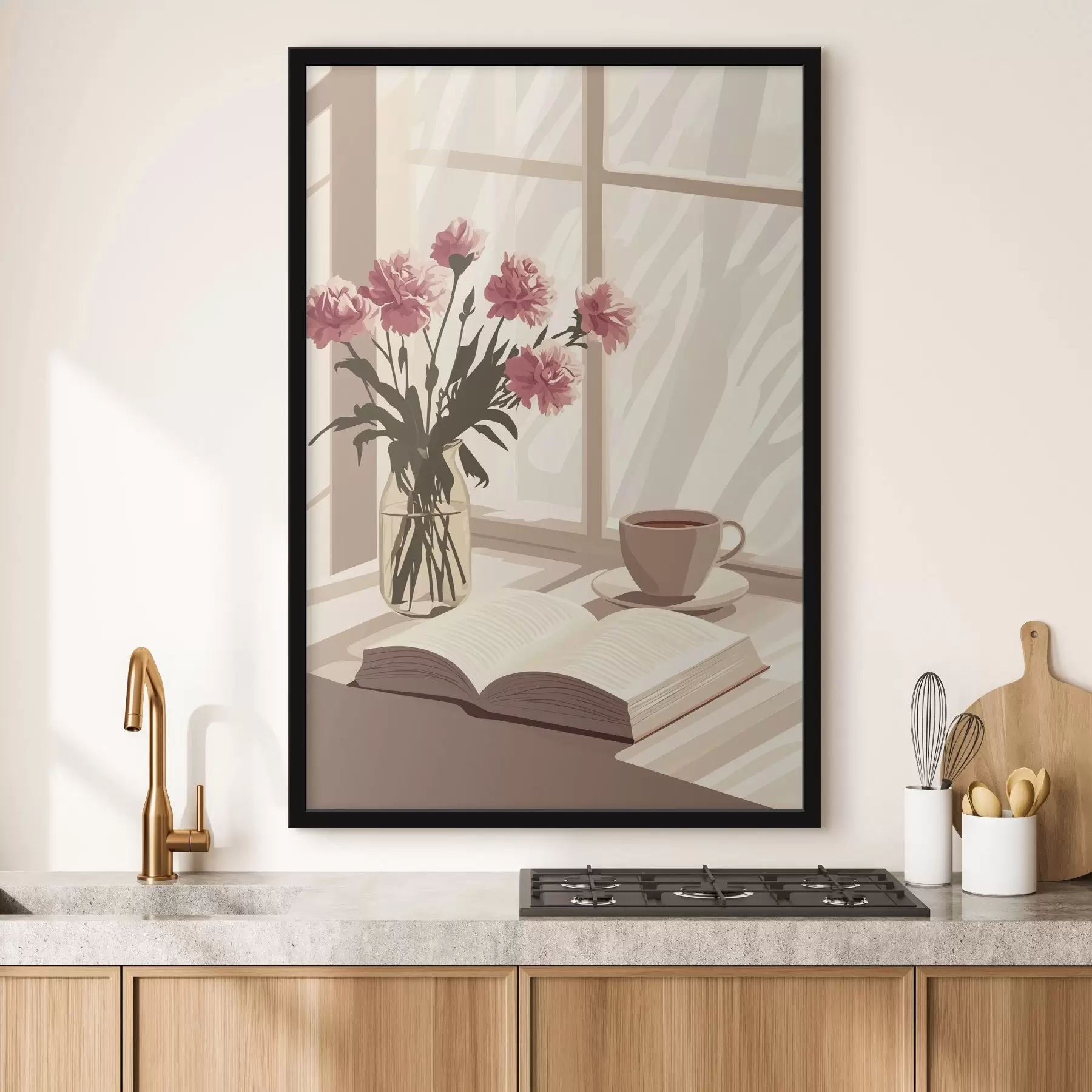 Papier peint Esthétique matinale, tasse de café, livre, fleurs d'œillet f44012