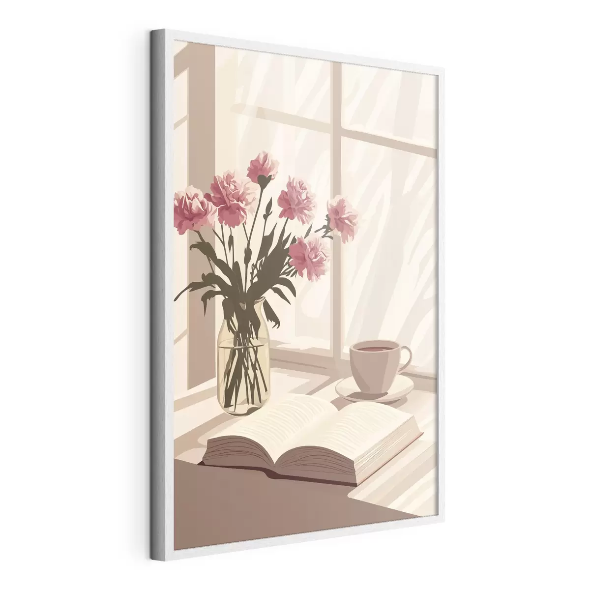 Poster Esthétique matinale, tasse de café, livre, fleurs d'œillet f44012