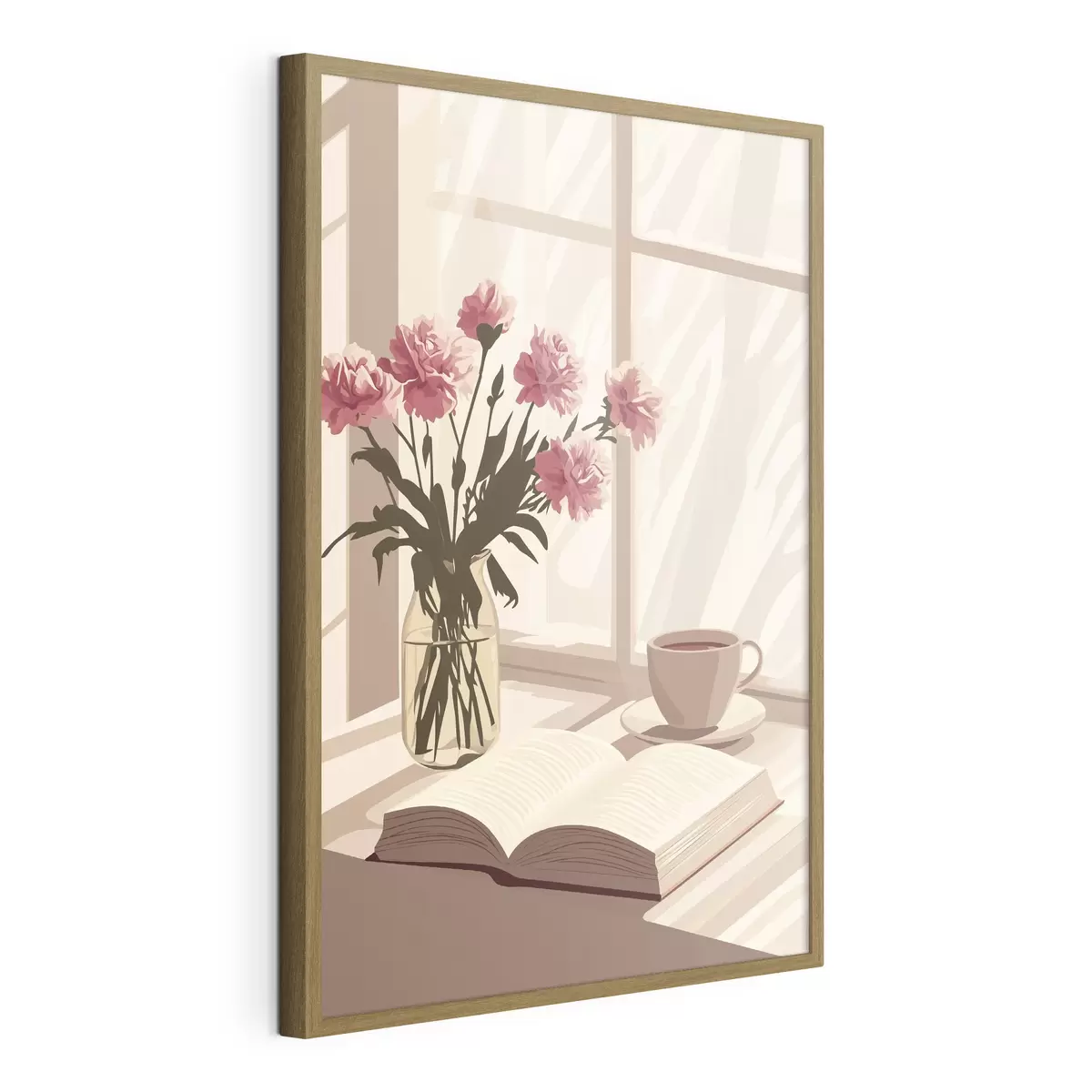 Poster Esthétique matinale, tasse de café, livre, fleurs d'œillet f44012