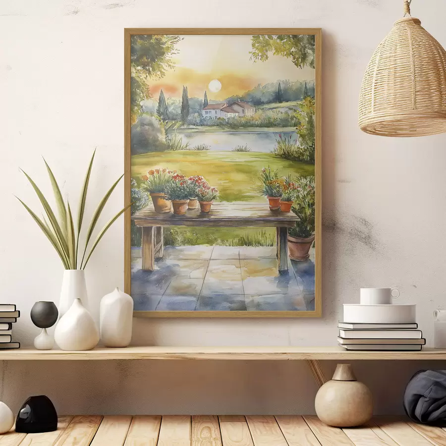 Papier peint Village au coucher du soleil, rustique, fleurs d'été, lac, style aquarelle f44016