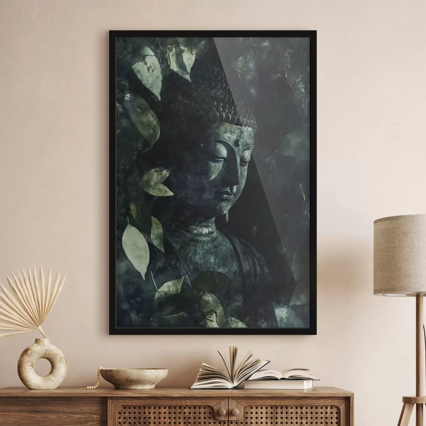 Papier peint Bouddha méditatif dans les feuilles vertes, spirituel f44029