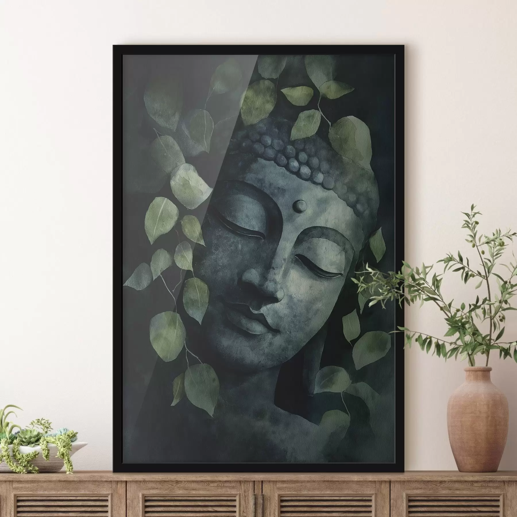 Papier peint Bouddha aux yeux fermés, méditation, couleurs vertes f44030