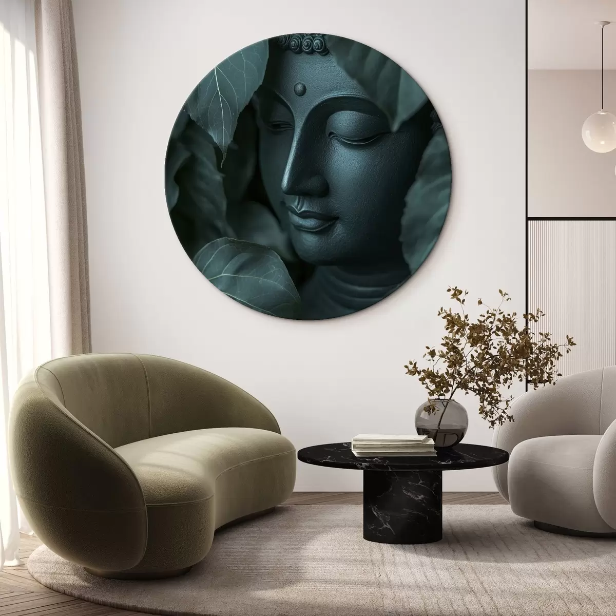 Tableaux rondes Bouddha dans les feuilles vertes, bouddhisme, tropical, réalisme r44004