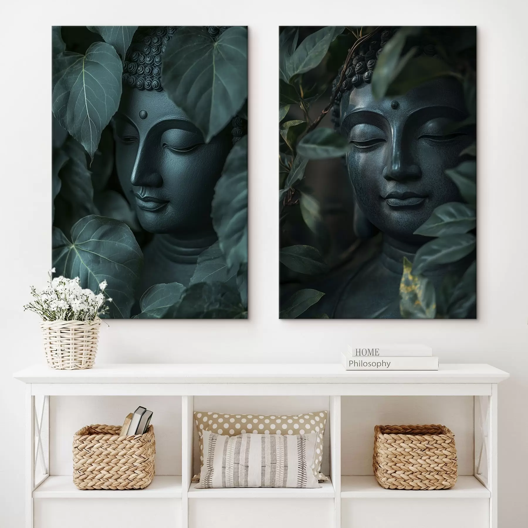 Tableau Bouddha méditatif dans les feuilles vertes, bouddhisme, tropical, réalisme m00447