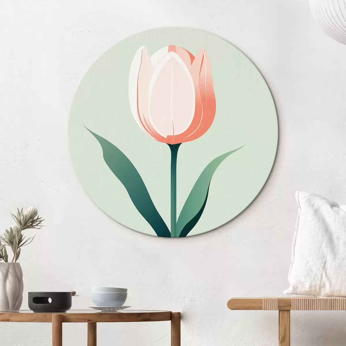 Tableaux rondes Tulipe peinte sur fond vert clair r44000