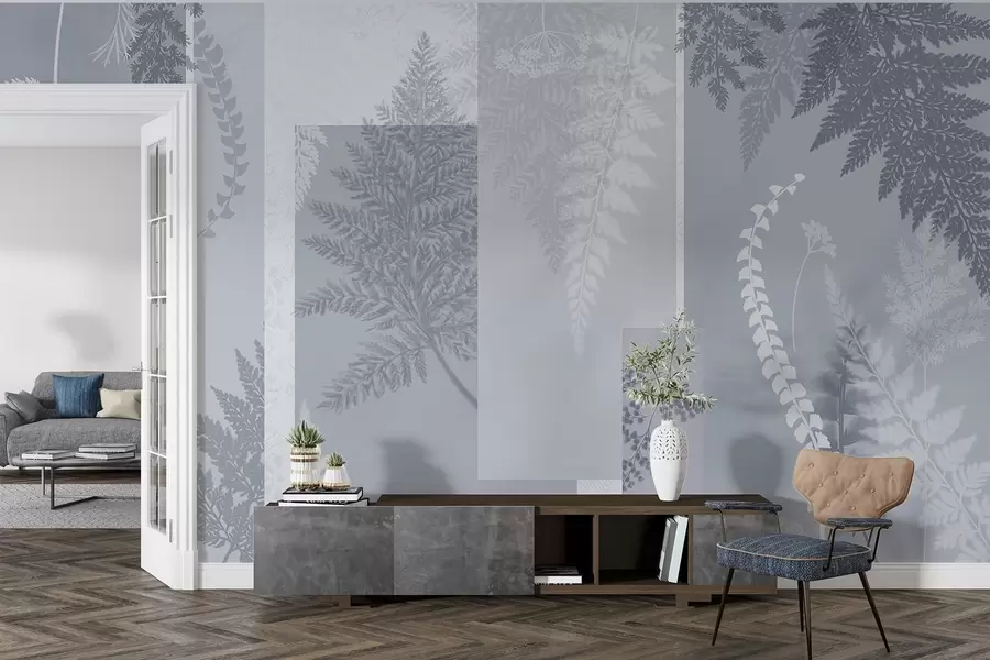 Papier peint Feuilles de fougère bleues et blanches, disposées en bandes verticales, créant un imprimé botanique et minimaliste, aux couleurs douces et sourdes w09007v1