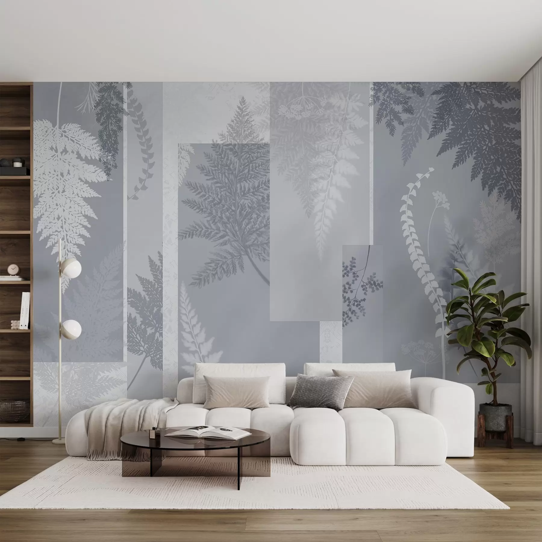 Papier peint Feuilles de fougère bleues et blanches, disposées en bandes verticales, créant un imprimé botanique et minimaliste, aux couleurs douces et sourdes w09007v1