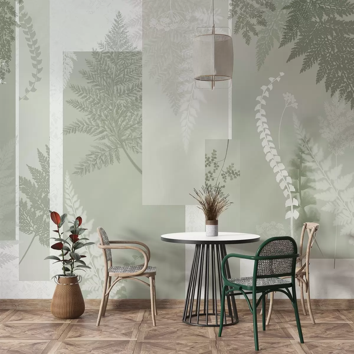 Papier peint Feuilles de fougère vertes et blanches, disposées en bandes verticales, créant un imprimé botanique et minimaliste, aux couleurs douces et sourdes w09007v2