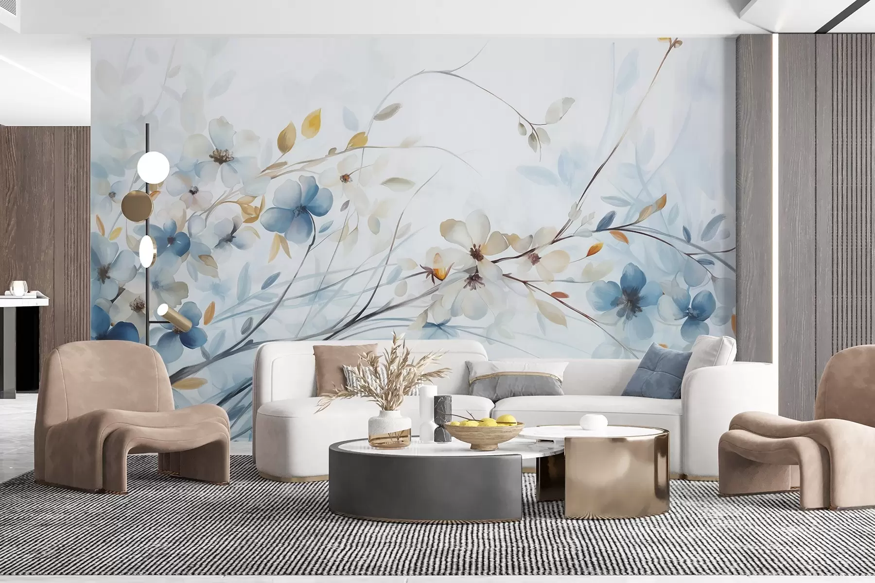 Papier peint Arrangement floral avec des feuilles bleues et orange et des fleurs blanches, pétales délicats, branches fines, couleurs douces, effet aquarelle w09009