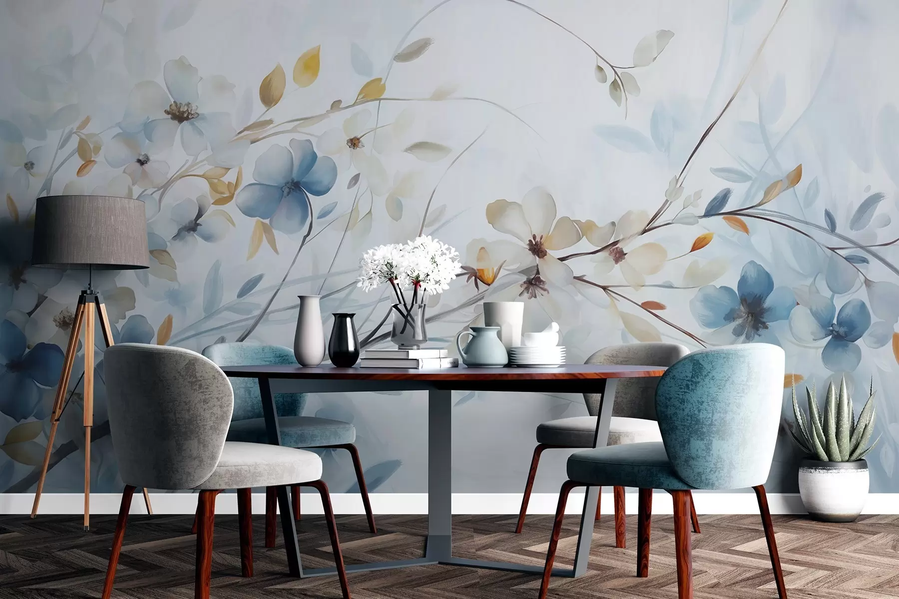 Papier peint Arrangement floral avec des feuilles bleues et orange et des fleurs blanches, pétales délicats, branches fines, couleurs douces, effet aquarelle w09009