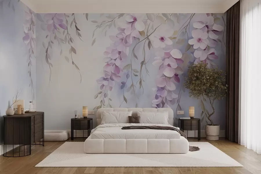 Papier peint Fleurs de glycine aux pétales lilas et aux feuilles vertes suspendues aux branches, couleurs pastel douces, arrière-plan de couleur pastel w09010