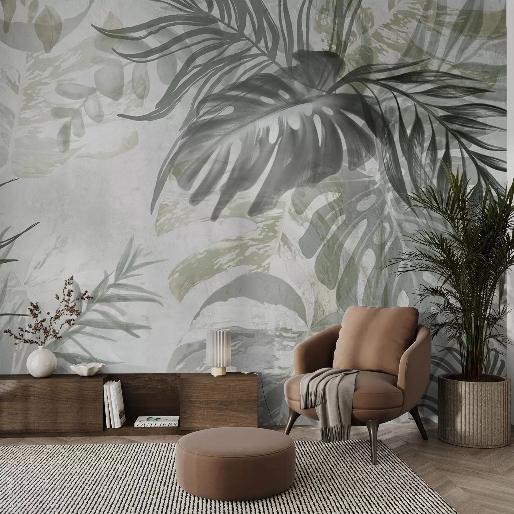 Papier peint Monstera et feuilles de palmier dans les tons de vert et de gris, botanique, feuillage tropical, plantes de la jungle, fond texturé w09011