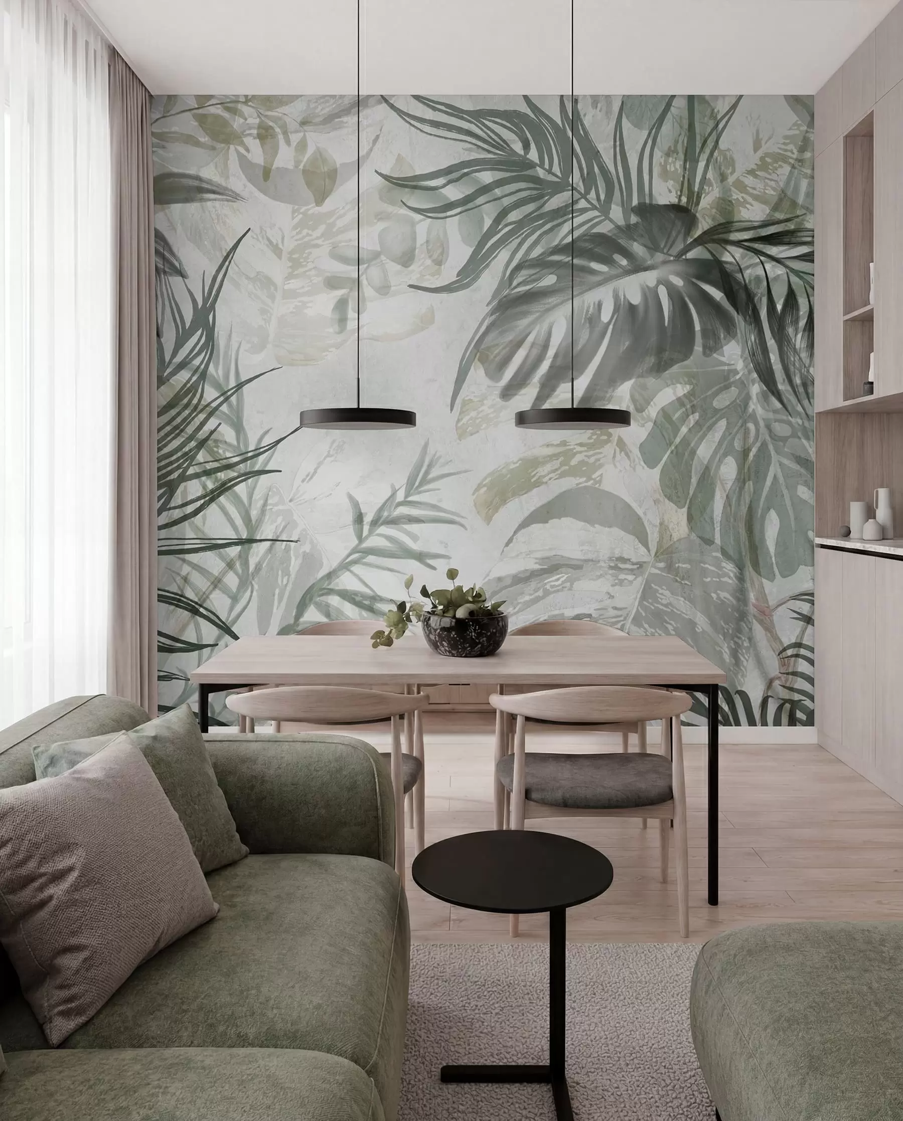 Papier peint Monstera et feuilles de palmier dans les tons de vert et de gris, botanique, feuillage tropical, plantes de la jungle, fond texturé w09011